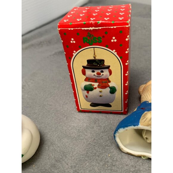 Vintage Russ Jasco Christmas Hanging Bell Ornaments 90s Snowman Bear Cat & Girl - Picture 3 of 16